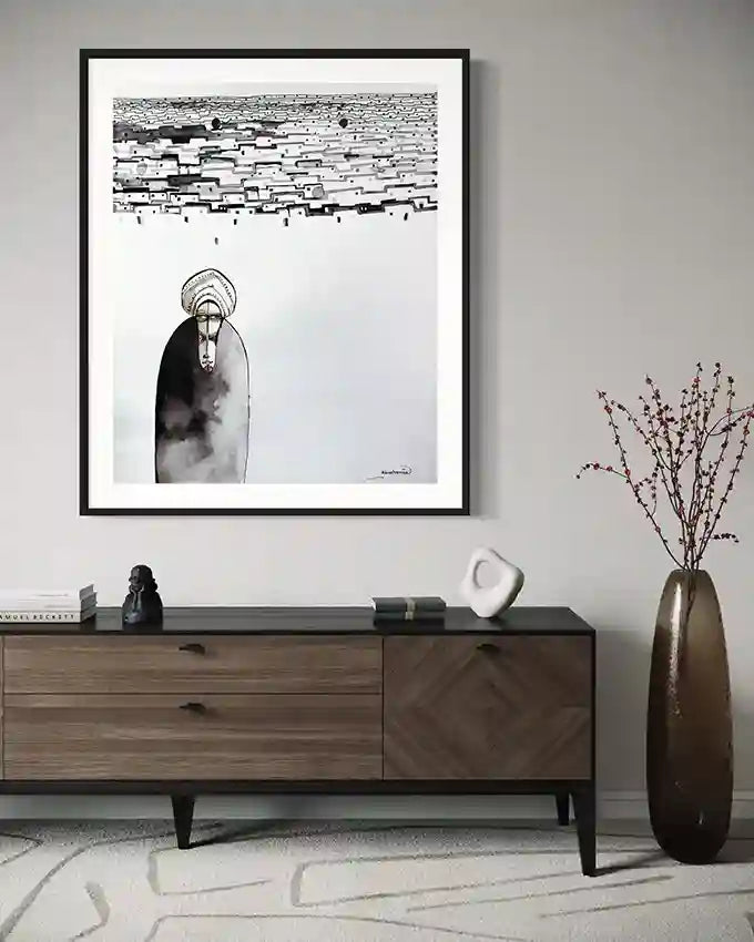 Grey Horizon art print by Abushariaa Ahmed in modern living room with wooden console table and decorative vase