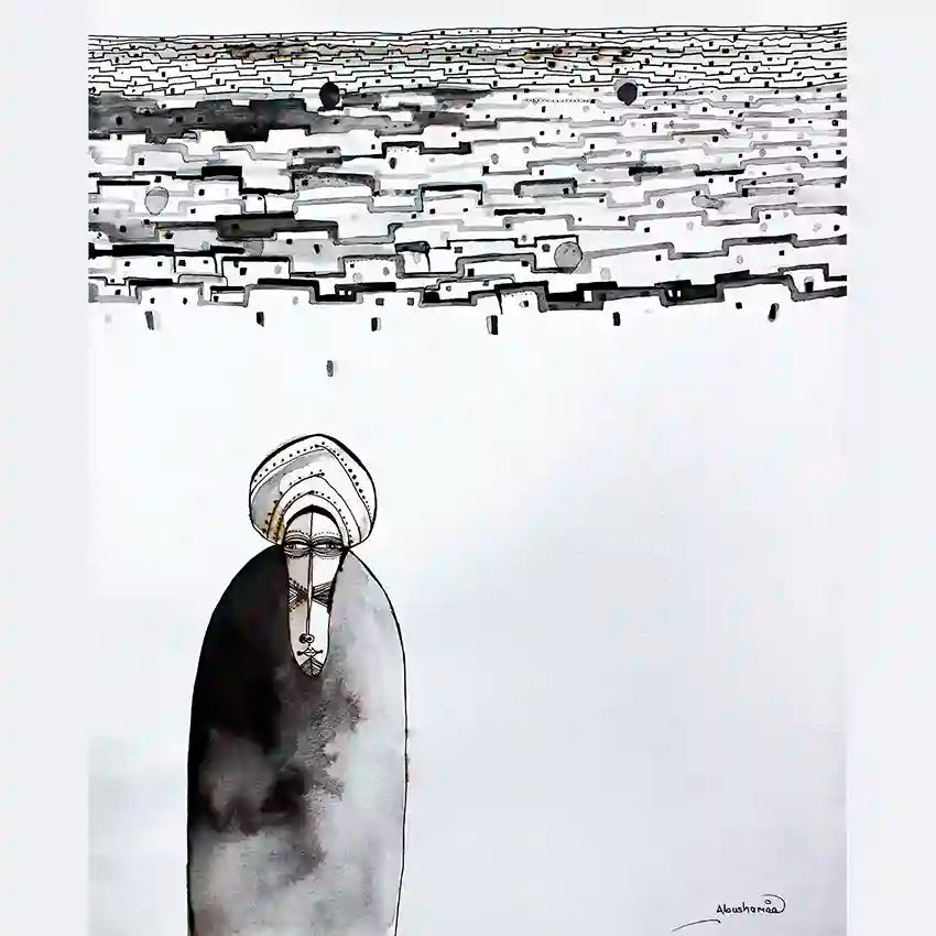 Grey Horizon art print by Abushariaa Ahmed featuring solitary robed figure beneath sprawling houses in monochrome