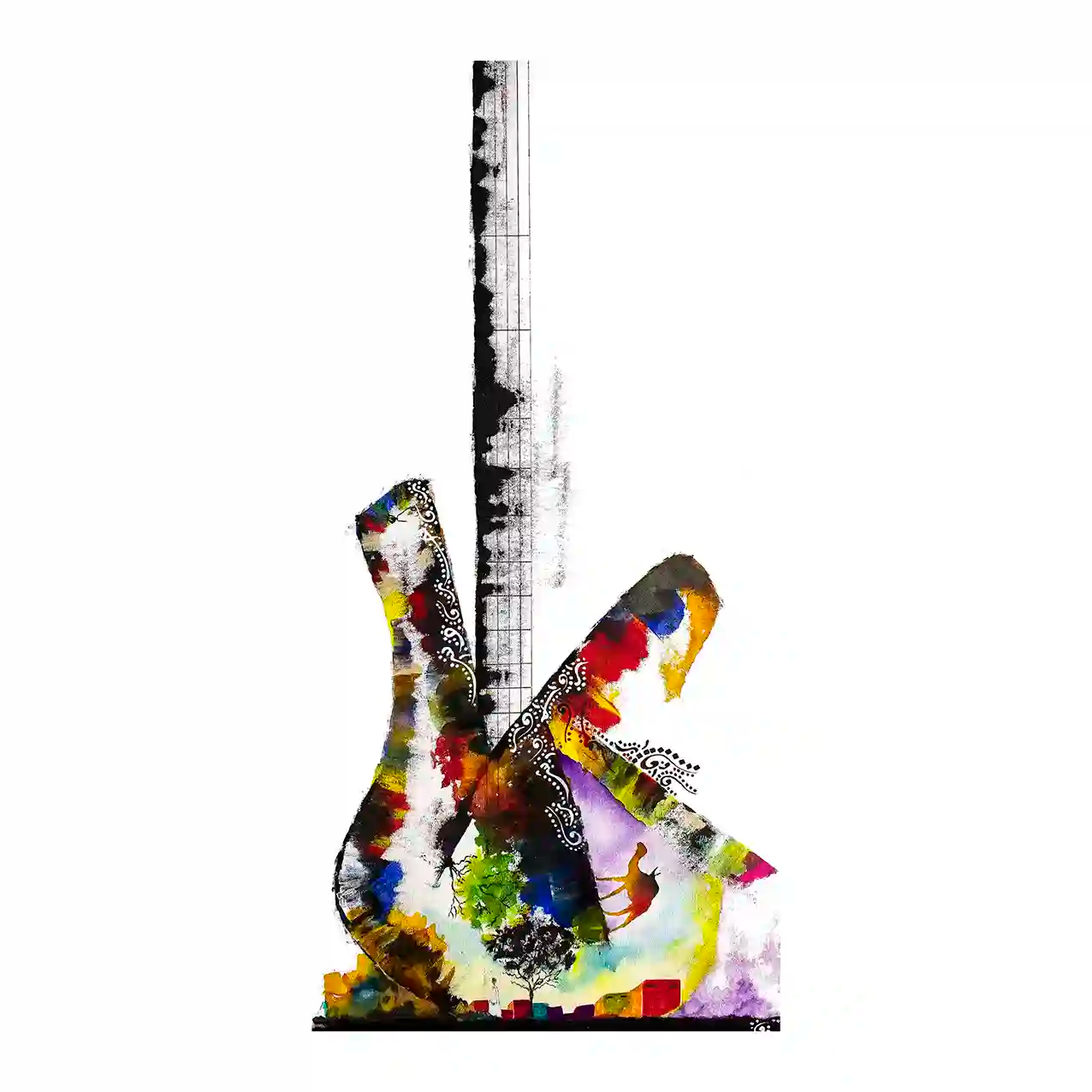 Guitar by Gungalito - colorful watercolor art print of electric guitar with bold patterns and vibrant splashes
