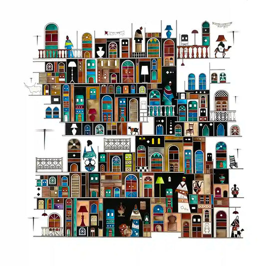 City Front 2 by Gungalito - acrylic painting of layered Middle Eastern architecture with colorful doors, windows and arches
