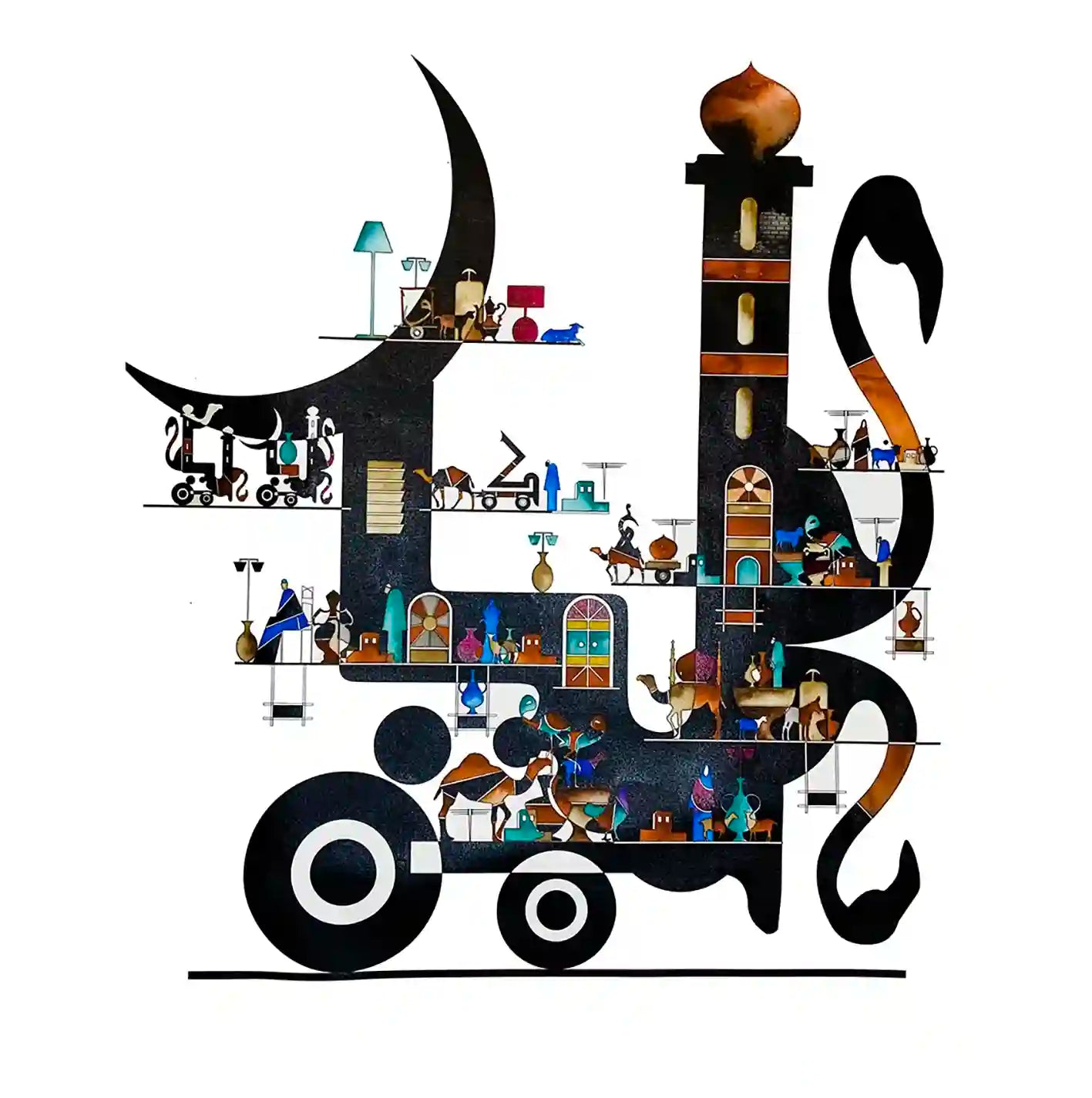 Moving On by Gungalito - acrylic painting featuring Arabic calligraphy transformed into architectural cityscape with figures