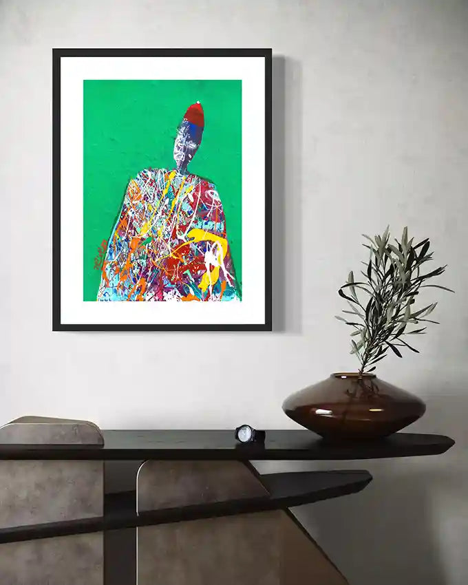 Hani Khalil Sufi 1 abstract art print displayed in black frame on modern console table with plant - home decor mockup