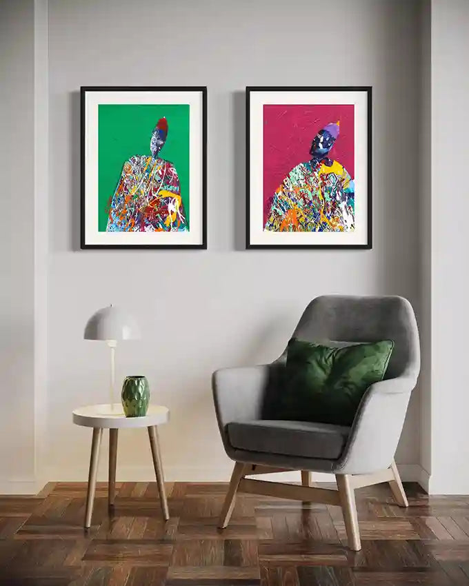 Sufi 1 and Sufi 2 by Hani Khalil framed abstract art print shown in modern minimalist living room setting