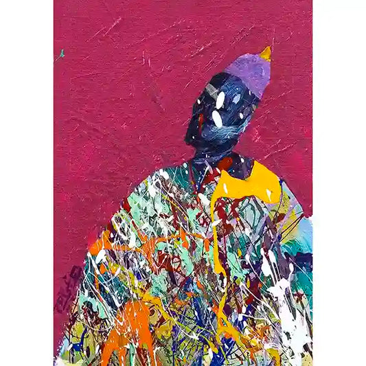 Sufi 2 abstract figurative art print by Hani Khalil featuring colorful paint splatters on red background depicting meditation