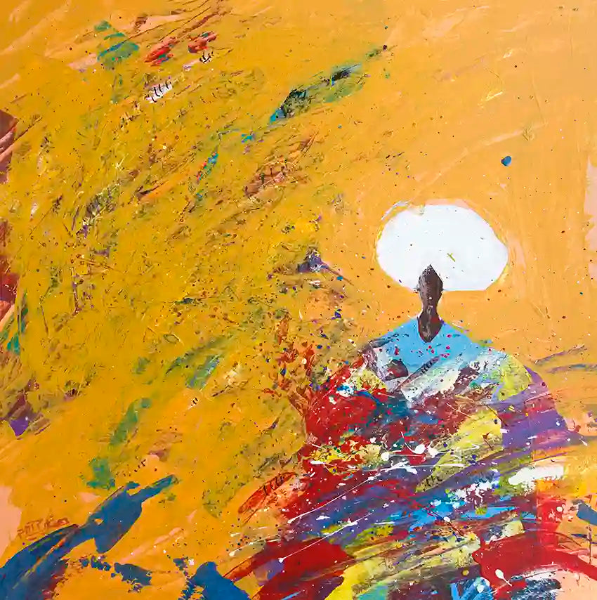 Sufi 3 abstract spiritual art print by Hani Khalil featuring vibrant yellow background with colorful paint splashes