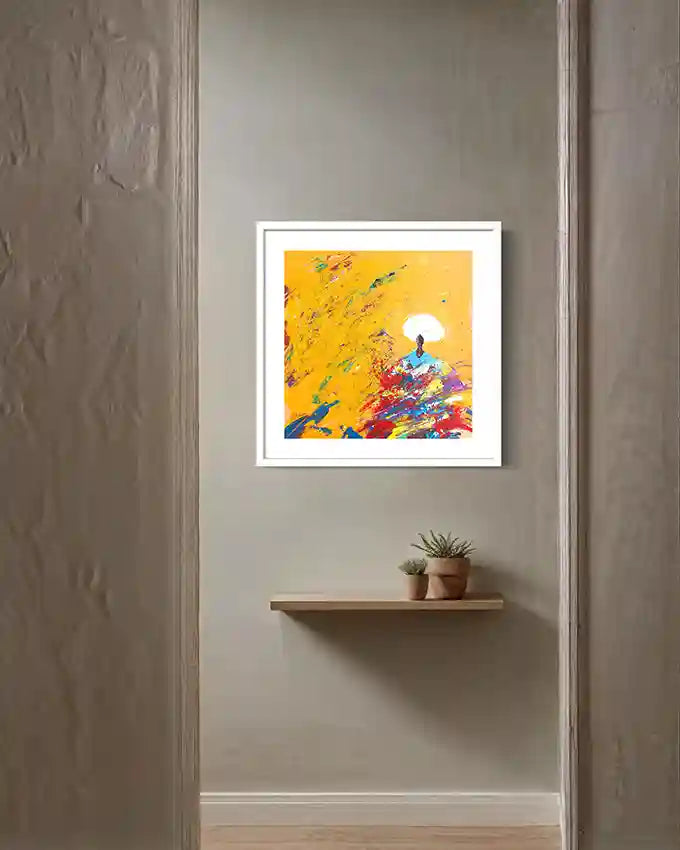 Hani Khalil Sufi 3 yellow abstract art print in white frame displayed on neutral wall above wooden shelf - home decor mockup