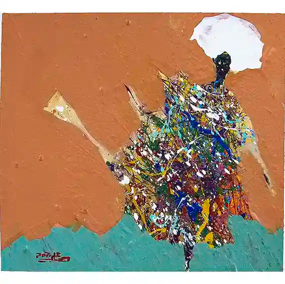 Sufi 4 abstract spiritual art by Hani Khalil featuring dancing figure with colorful paint splatters on brown turquoise background
