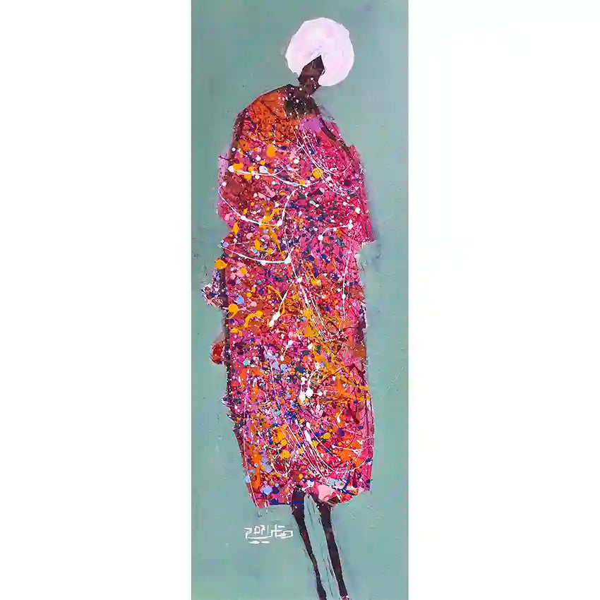 Sufi 5 abstract spiritual art by Hani Khalil featuring tall meditative figure with vibrant paint splatters on blue-gray 