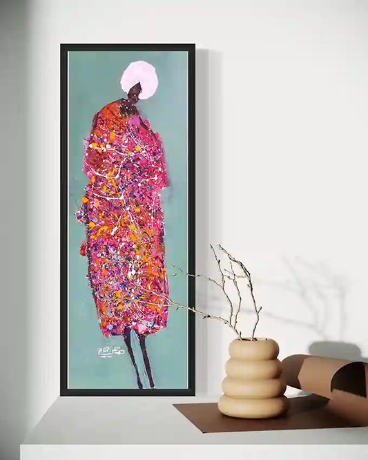 Hani Khalil Sufi 5 vertical art print in black frame on white wall above modern console with vase - spiritual artwork mockup