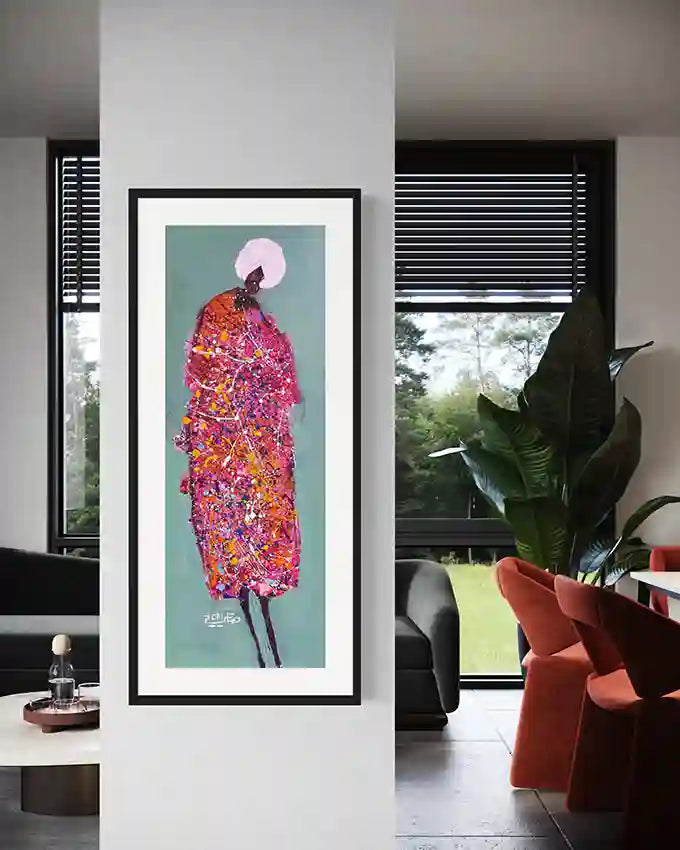 
Contemporary home decor featuring Hani Khalil's Sufi 5 standing meditation art print in elegant black frame on white wall