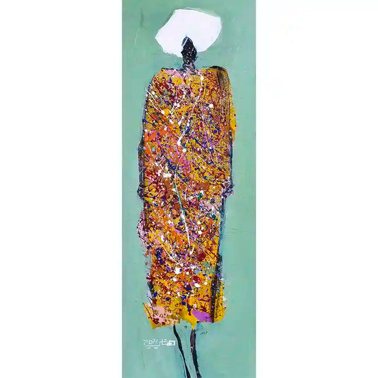Sufi 6 abstract spiritual art by Hani Khalil featuring tall meditative figure with golden paint splatters on sage green
