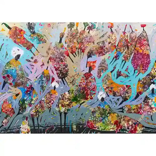 Acrylic painting by Hani Khalil 'From the Sufi Sea Project' showing abstract figures in meditative spiritual state