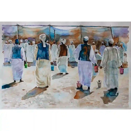 Harmony in White watercolor art print by Salih Abdo showing Sudanese men in traditional white dress gathering under canopies