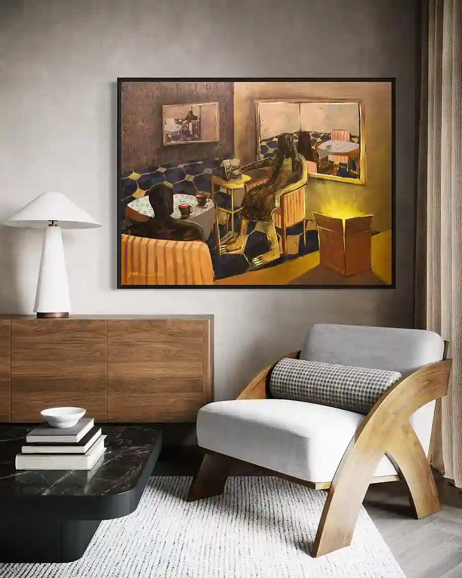 He is Calm and so am I art print by Yasmeen Abdullah displayed in black frame above wooden sideboard in modern living room