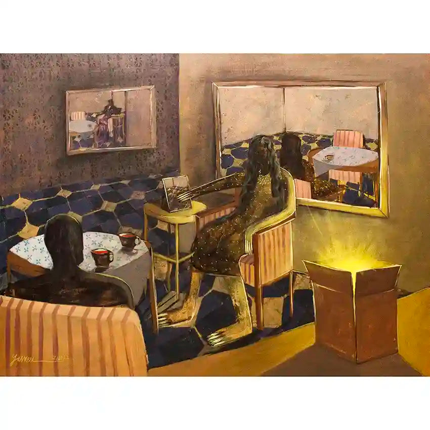 He is Calm and so am I art print by Yasmeen Abdullah showing intimate cafe scene with two figures in warm golden light