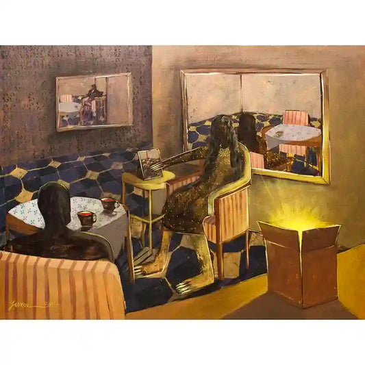 He is Calm and so am I art print by Yasmeen Abdullah showing intimate cafe scene with two figures in warm golden light