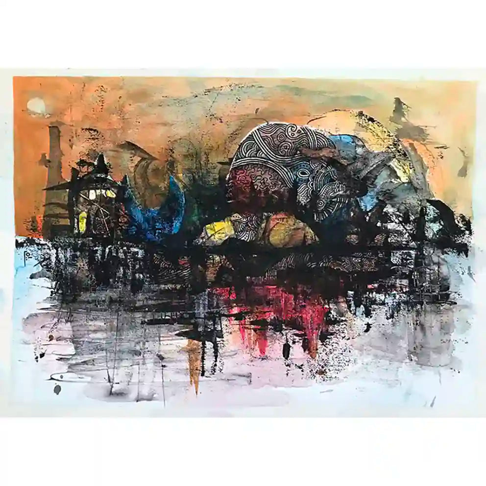 Heritage City abstract acrylic painting by Samir Shareef with expressive brushwork and vibrant colors on paper artwork.