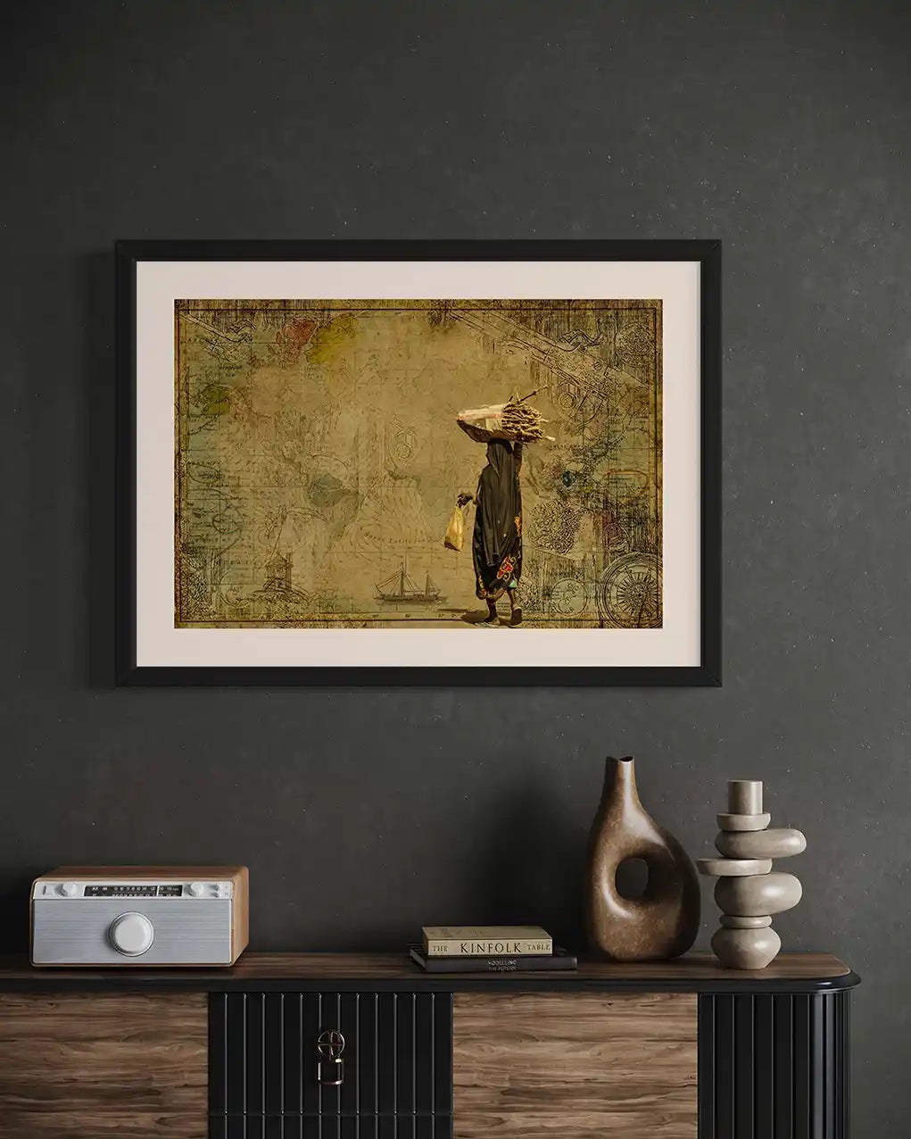 I Rise digital collage framed art mockup on dark wall above console empowering woman strength resilience inspirational decor