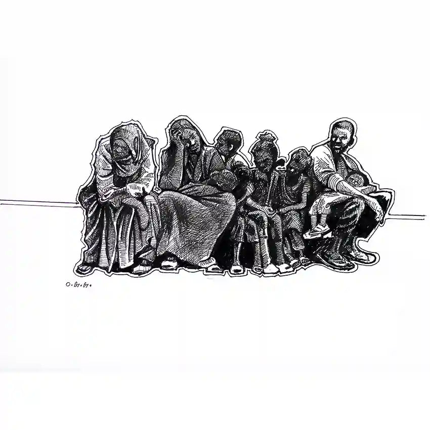 In Limbo ink on paper drawing by Obada Gabir showing seven Sudanese figures waiting together, original artwork for sale