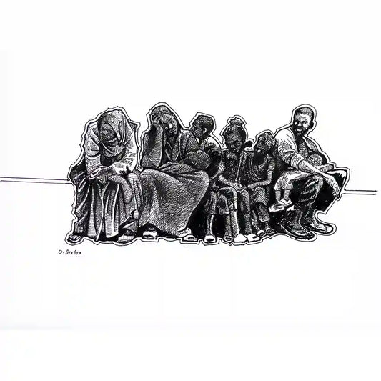 In Limbo ink on paper drawing by Obada Gabir showing seven Sudanese figures waiting together, original artwork for sale