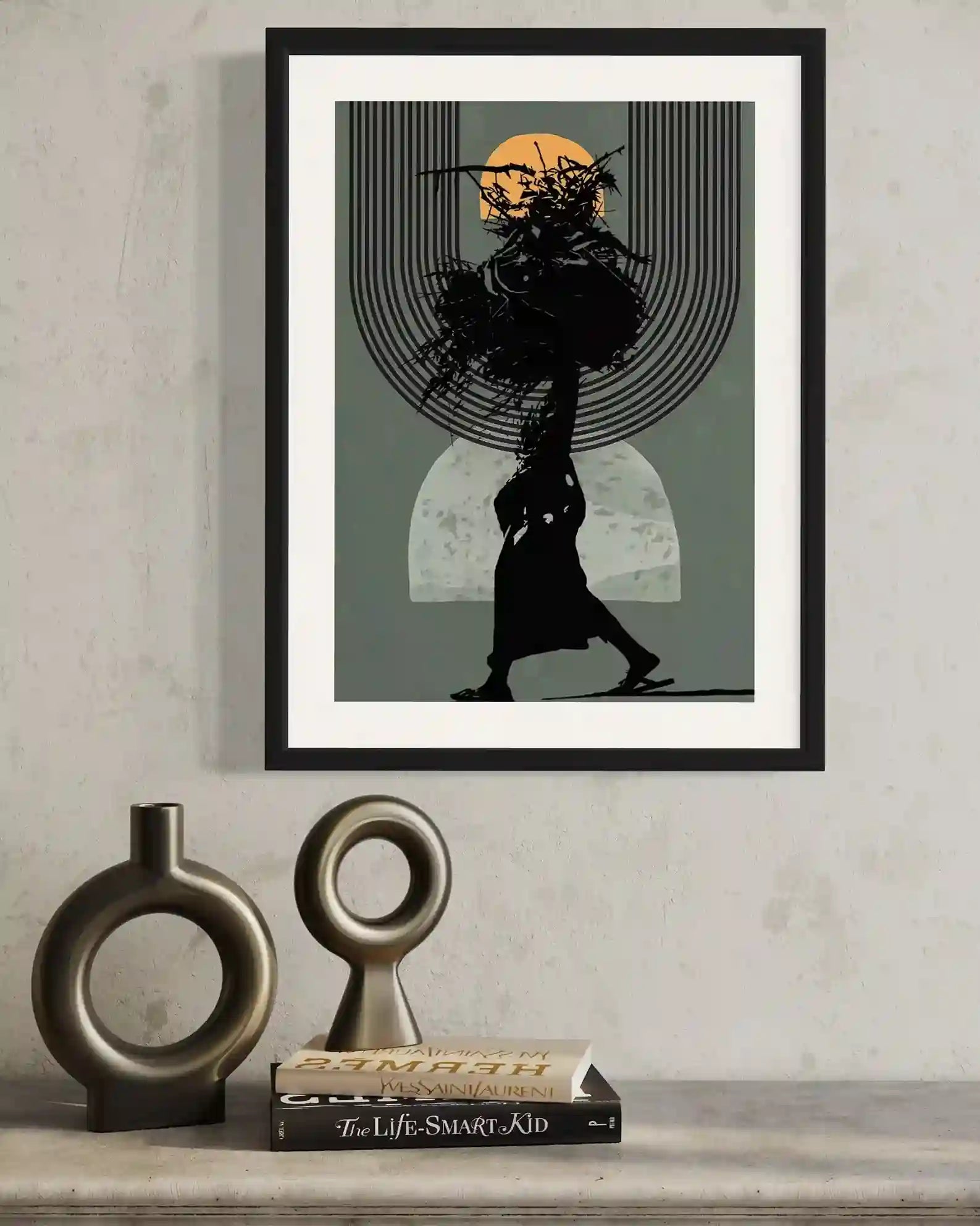 In Silhouette 1 framed art print wall mockup with vases, African woman silhouette contemporary digital collage art