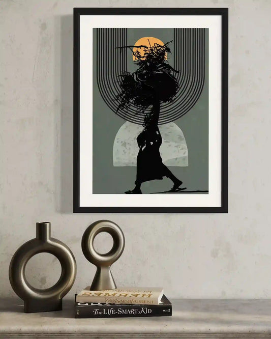 In Silhouette 1 framed art print wall mockup with vases, African woman silhouette contemporary digital collage art