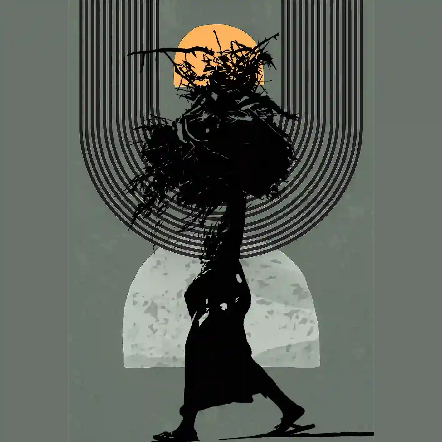 In Silhouette 1 digital collage art print featuring African woman carrying load, modern wall art with warm sunset colors
