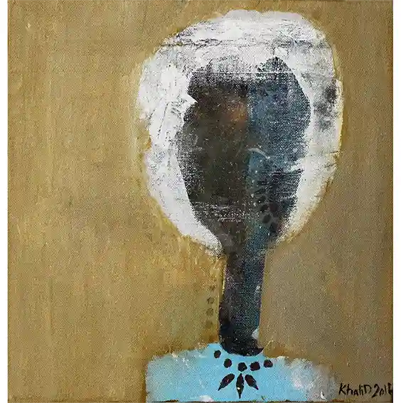 Citizen Unknown art print by Khalid Yan - textured painting of woman with white hair in blue dress on ochre background
