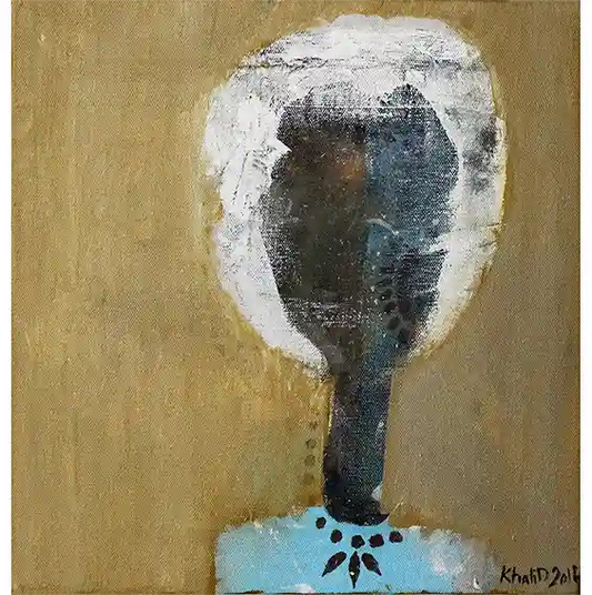 Citizen Unknown art print by Khalid Yan - textured painting of woman with white hair in blue dress on ochre background