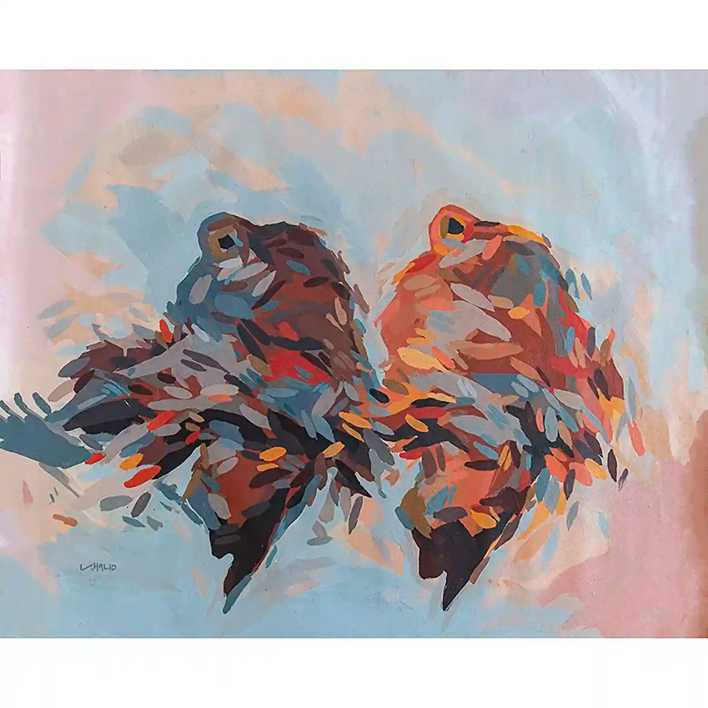 Daughters of the Nile art print by Khalid Yan - vibrant painting of two women in warm oranges and blues on soft background