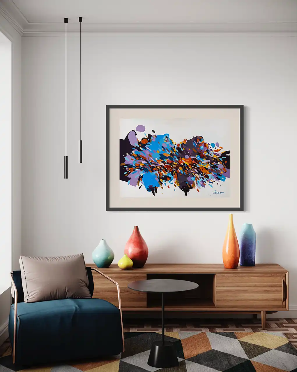 Sudanese Grace abstract art print by Khalid Yan in black frame above wooden console with colorful vases in modern living room