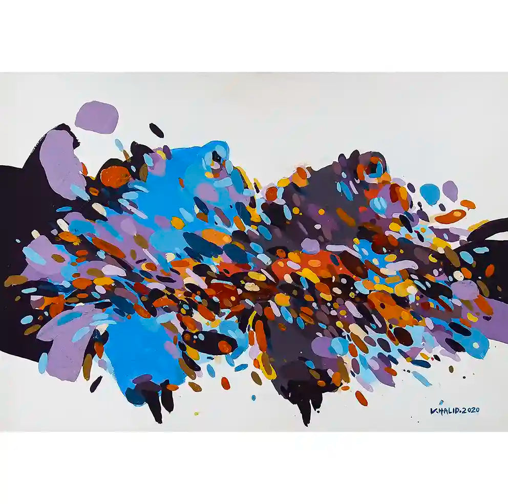 Abstract art print Sudanese Grace by Khalid Yan featuring two female figures in vibrant blues purples and earth tones