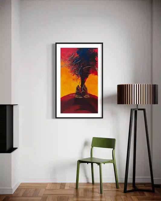 Last Light art print by Bakri Moaz displayed in black frame on white wall with green chair and modern lamp interior mockup