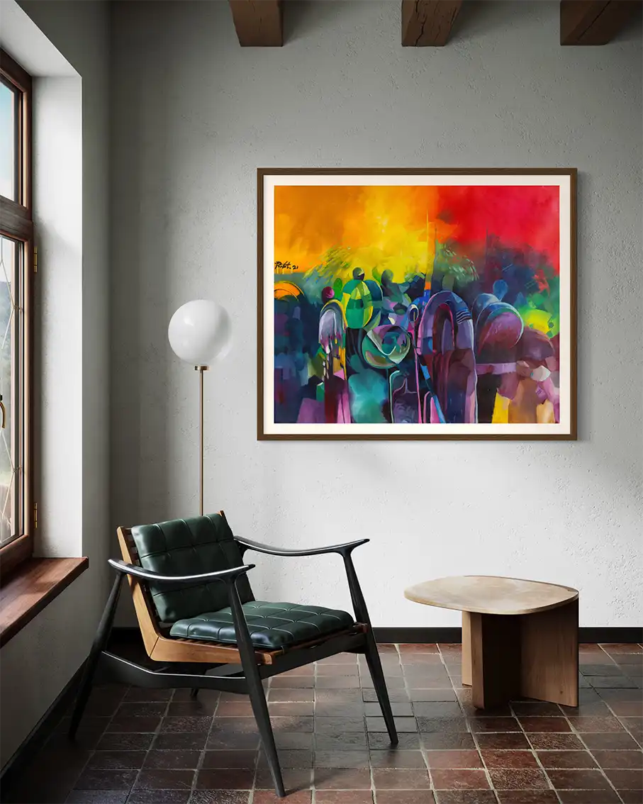 Liquid Light art print by Rafat Omar in wood frame in minimalist room with leather chair and exposed beams
