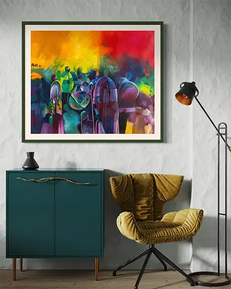 Liquid Light art print by Rafat Omar displayed in modern living room with teal cabinet and mustard yellow chair decor