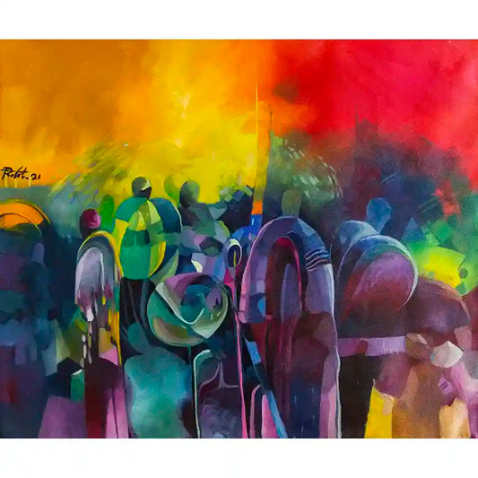 Liquid Light art print by Rafat Omar showing vibrant Sufi gathering with flowing translucent figures in warm golden tones