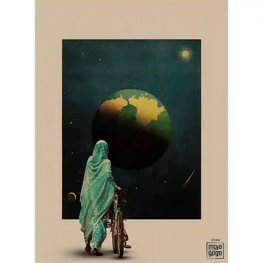 Mad World digital collage print showing Sudanese woman with bicycle gazing at Earth in starry cosmic space scene