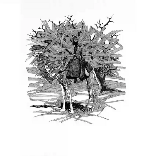 Man from Hajana black and white art print by Obada Gabir - detailed pen and ink illustration featuring intricate linework and thorny elements