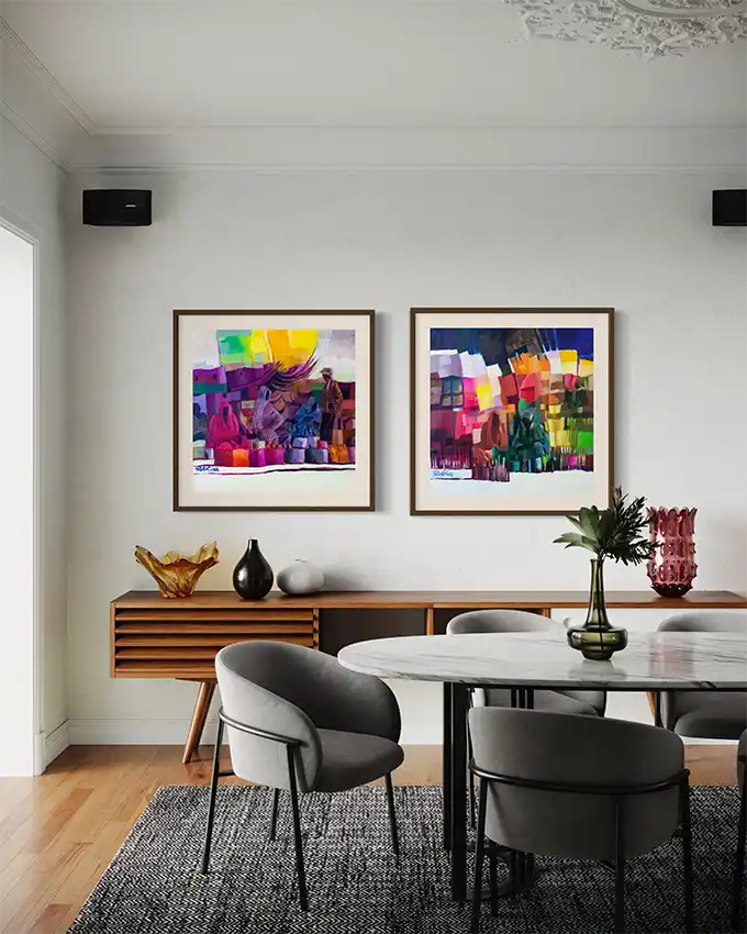 Market Mosaic art print by Rafat Omar displayed as diptych pair above sideboard in modern dining room with round table