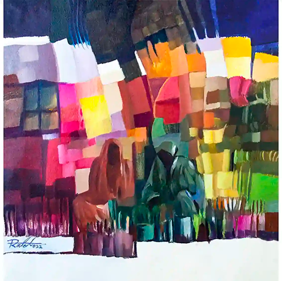 Market Mosaic abstract art print by Rafat Omar featuring two figures in vibrant geometric market scene with color blocks