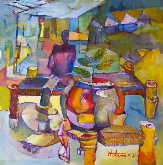 Metamorphosis Interrupted art print by Hatim Kuku - colorful abstract painting of figure in surreal interior with bold colors