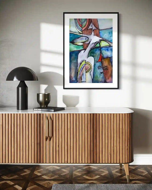 Migration by Mummar Mekki abstract art print displayed in white frame mockup showing colorful flowing forms - Mojo Gallery