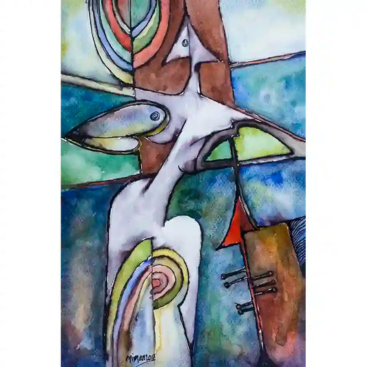  Migration by Mummar Mekki - abstract art print featuring flowing organic shapes in blues, greens and earth tones at Mojo Gallery