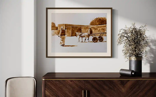 Coffee Chronicles Morning Delivery art print by Salih Abdo in wooden frame mockup on credenza with decorative vase