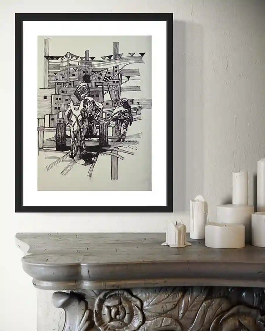 Neighbourhood framed original artwork by Obada Gabir displayed above ornate table with candles showing home decor styling