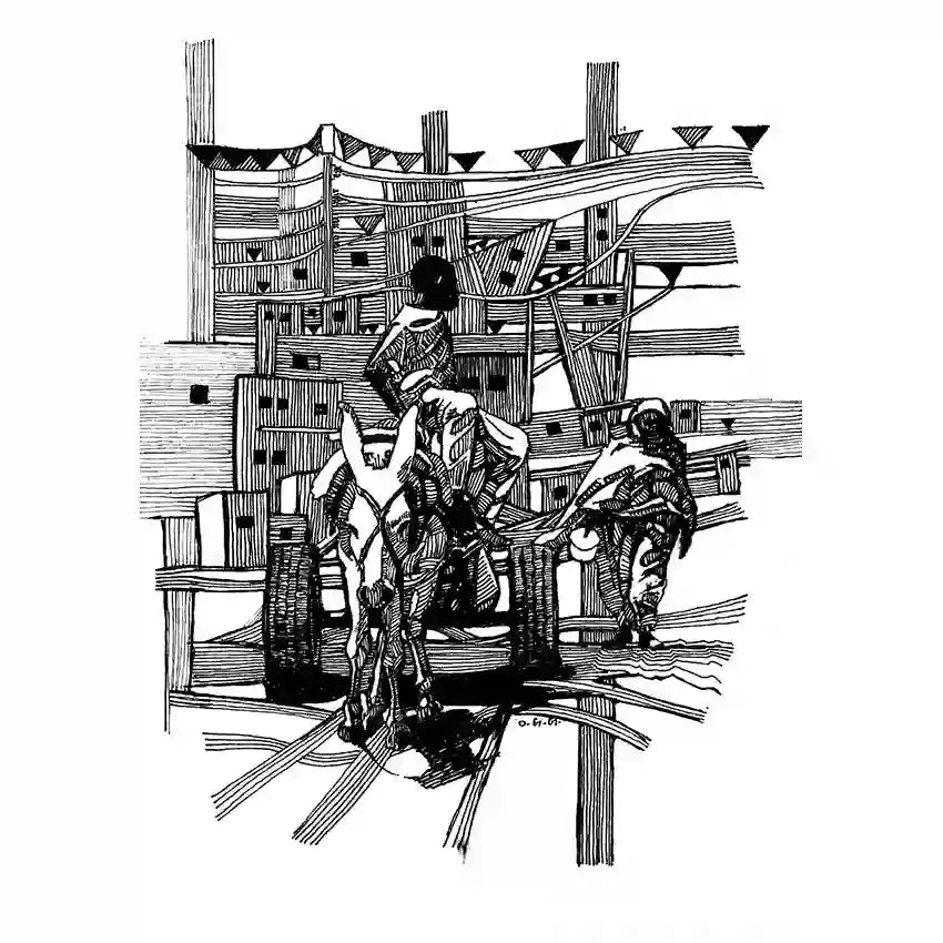 Neighbourhood black and white art print by Obada Gabir showing donkey cart on city street with buildings