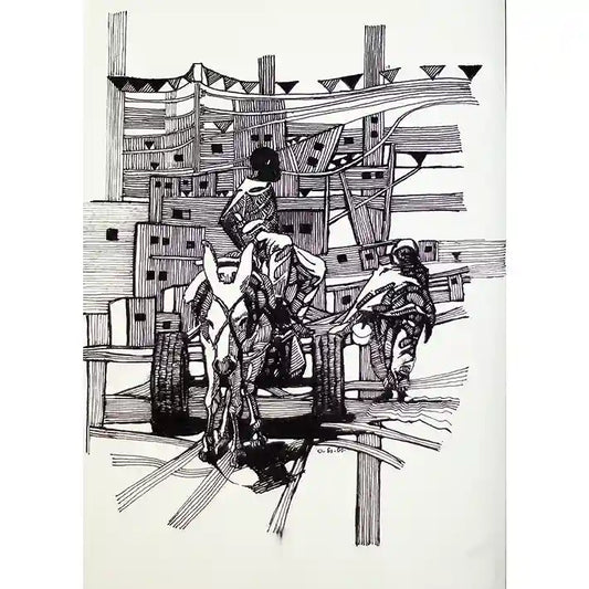 Neighbourhood black and white ink drawing by Obada Gabir showing boy in donkey cart with woman walking in urban street scene
