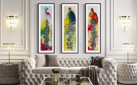 Night Woven 2 art prints by Gungalito displayed as triptych in black frames above white tufted sofa in luxury living room