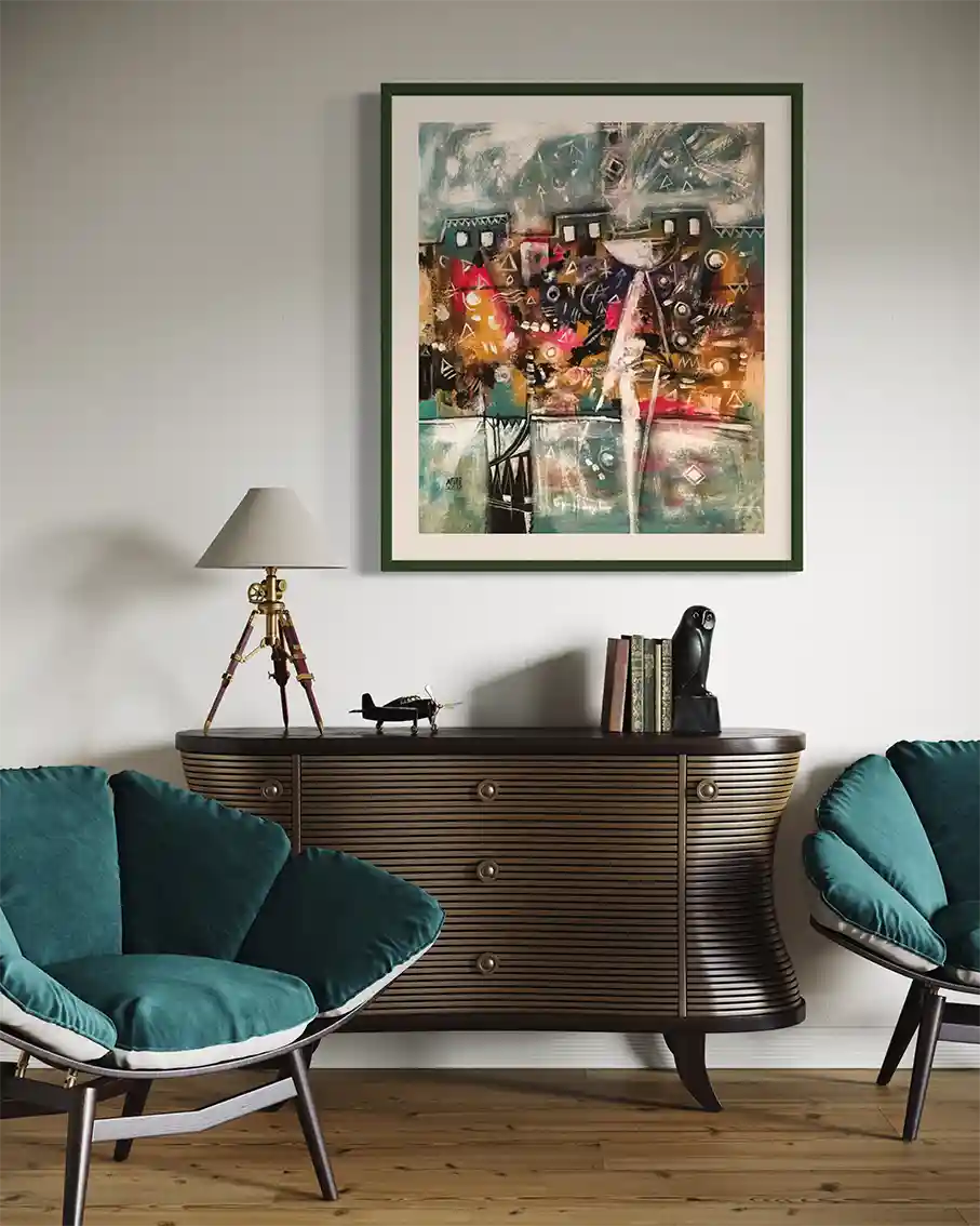 The Nile Lullaby art print by Abdelmageed Afifi displayed in green frame above modern sideboard with teal velvet chairs