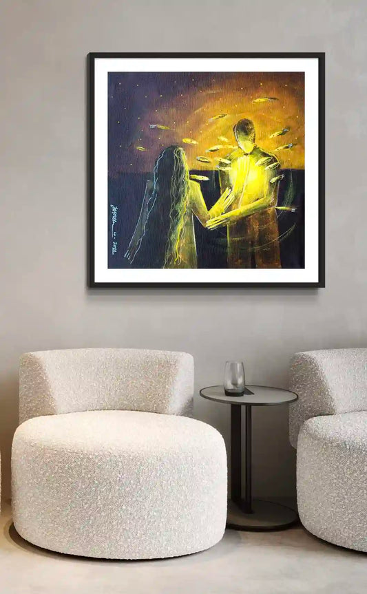 Framed art print "Nothing but Light" by Yasmeen Abdullah displayed in modern lounge with neutral furniture interior mockup